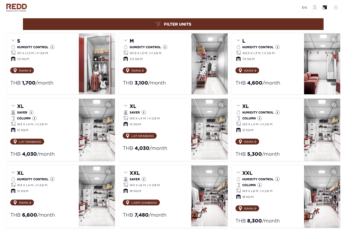 REDD booking site — unit grid with sizes, locations, and monthly prices