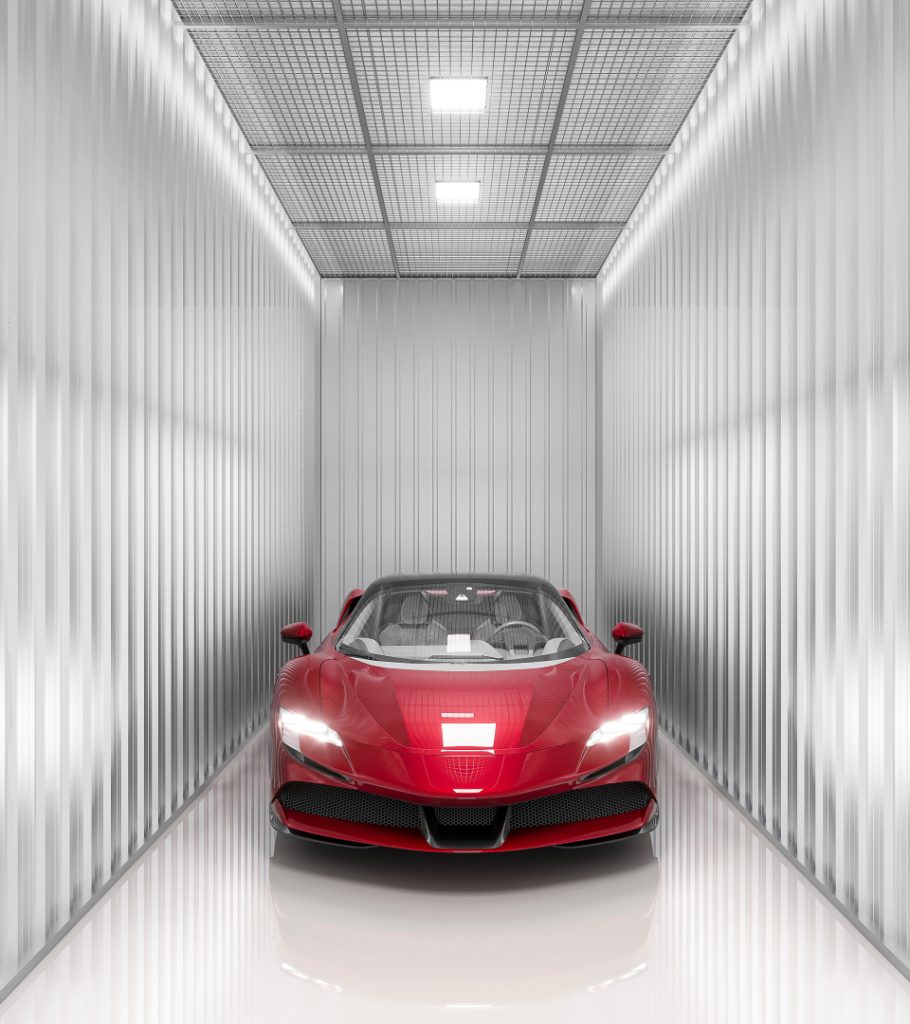 Sports car parked inside a private drive-in storage unit