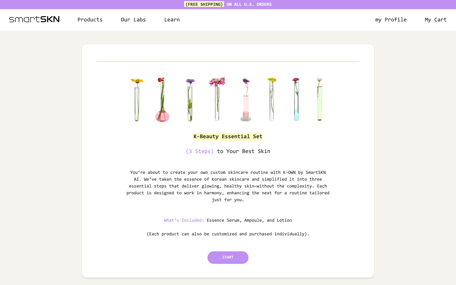 K-OWN formula builder — K-Beauty Essential Set start screen with flowers in test tubes
