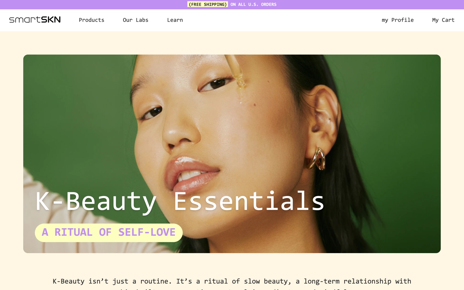 K-Beauty Essentials page — 'A Ritual of Self-Love' hero on green