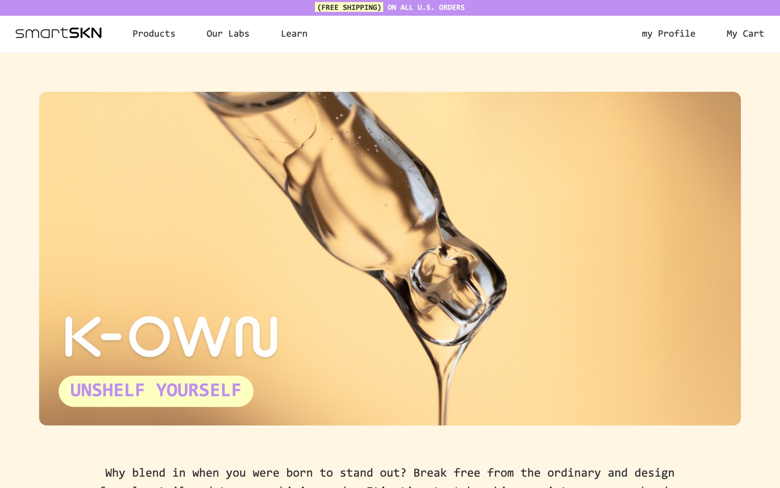 K-OWN line page — 'Unshelf Yourself' over a macro pipette on gold