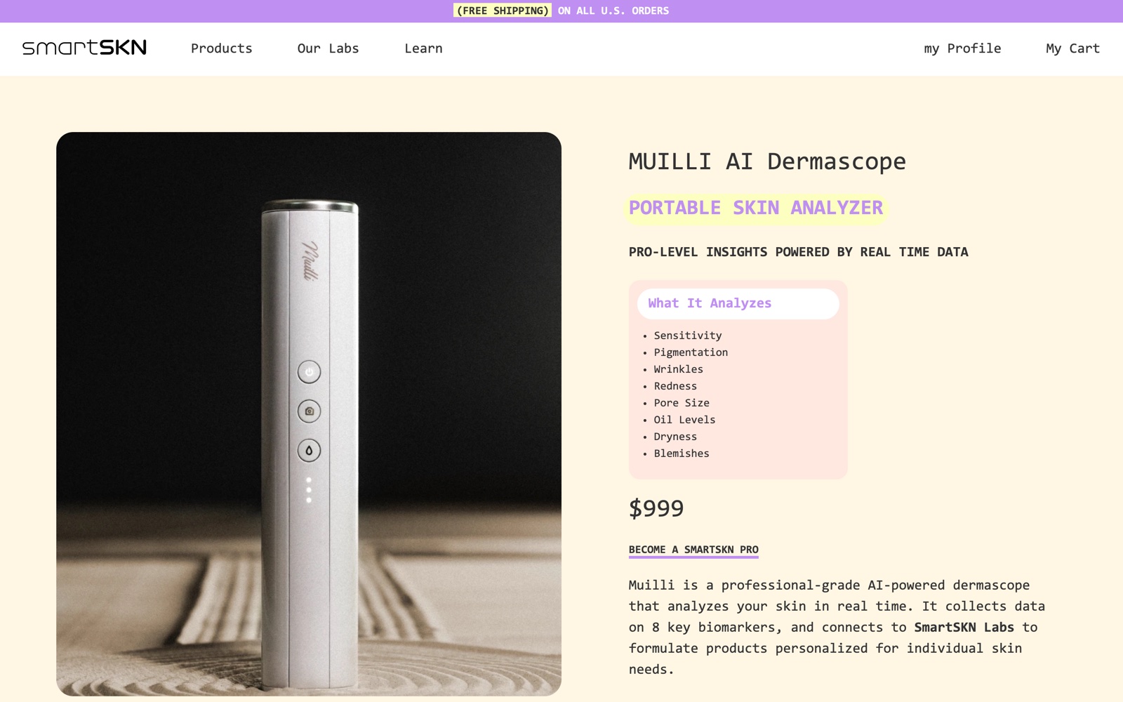 Muilli AI Dermascope product page — portable skin analyzer, eight biomarkers, $999