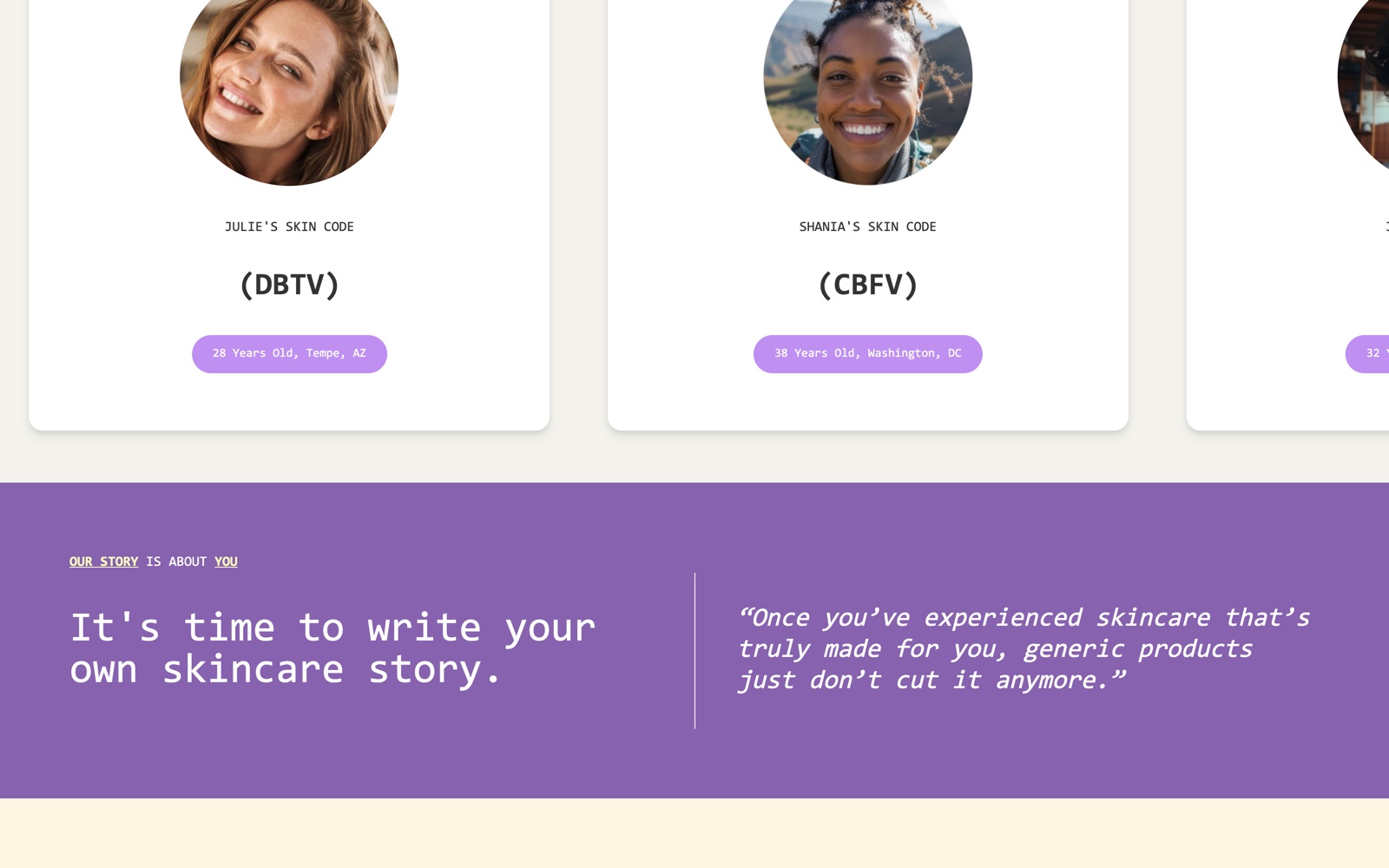 Customer skin-code profile cards beside 'It's time to write your own skincare story'