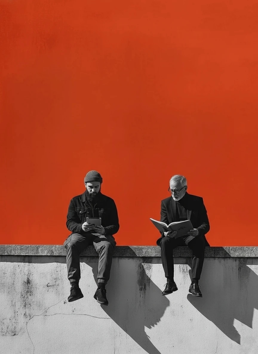 Trovoly — two readers on a wall against a bold orange field, the brand's editorial photography