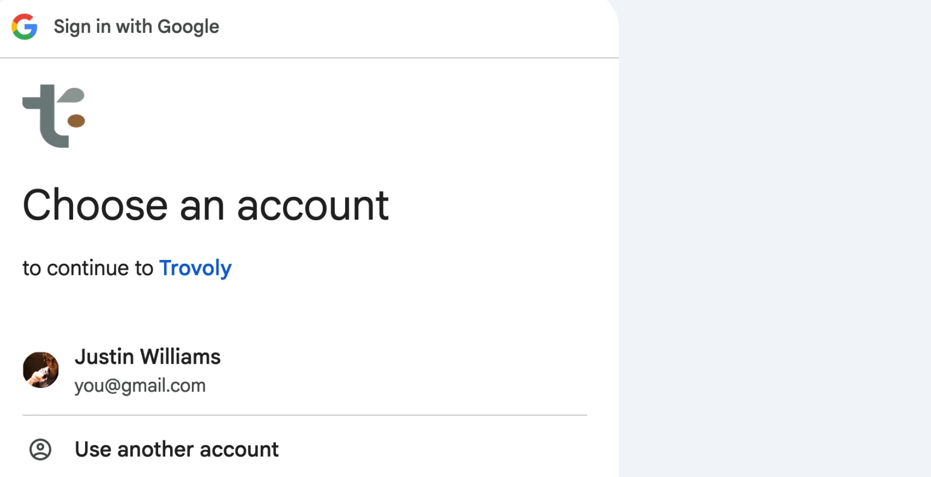 Google sign-in dialog — choose an account to continue to Trovoly