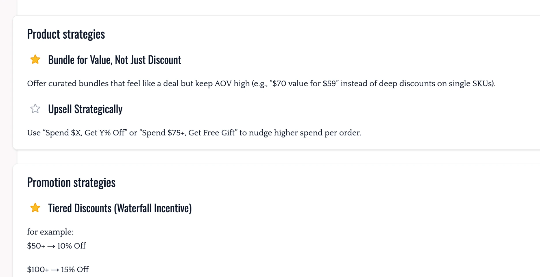Product and promotion strategy cards — bundle for value, upsell strategically, tiered discounts