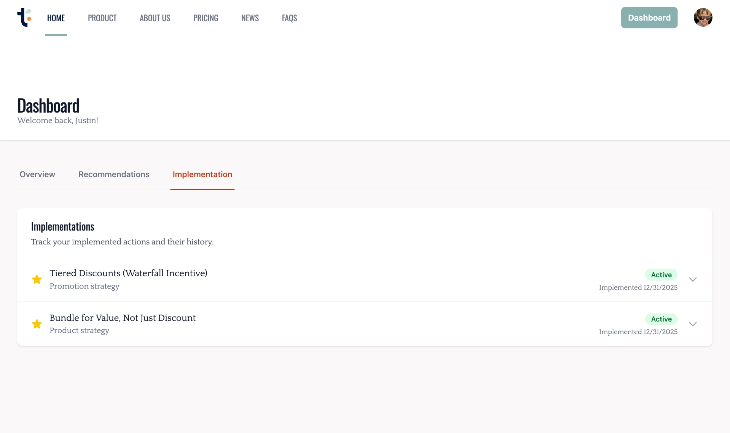 Implementation tracker listing active strategies with their implementation dates