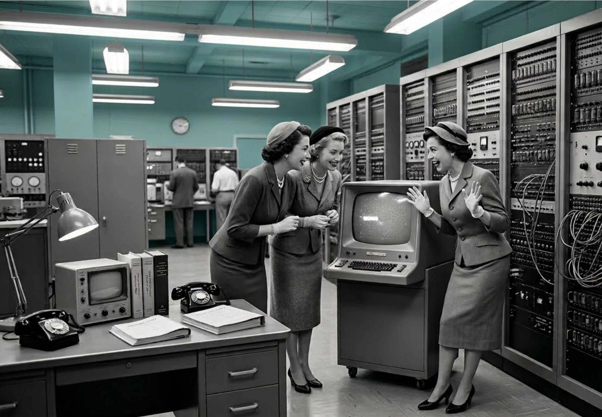 Stylized 1950s computer room with delighted operators gathered around a terminal — Trovoly's wry portrait of legacy analytics