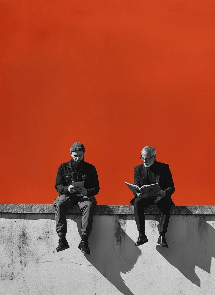 Two men reading on a concrete wall against a bold orange field — Trovoly's editorial brand photography