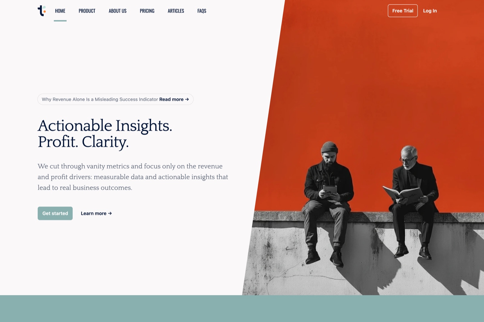 Trovoly homepage — 'Actionable Insights. Profit. Clarity.' beside bold orange editorial photography