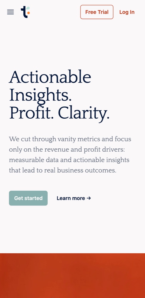 Trovoly on mobile — 'Actionable Insights. Profit. Clarity.' above the fold
