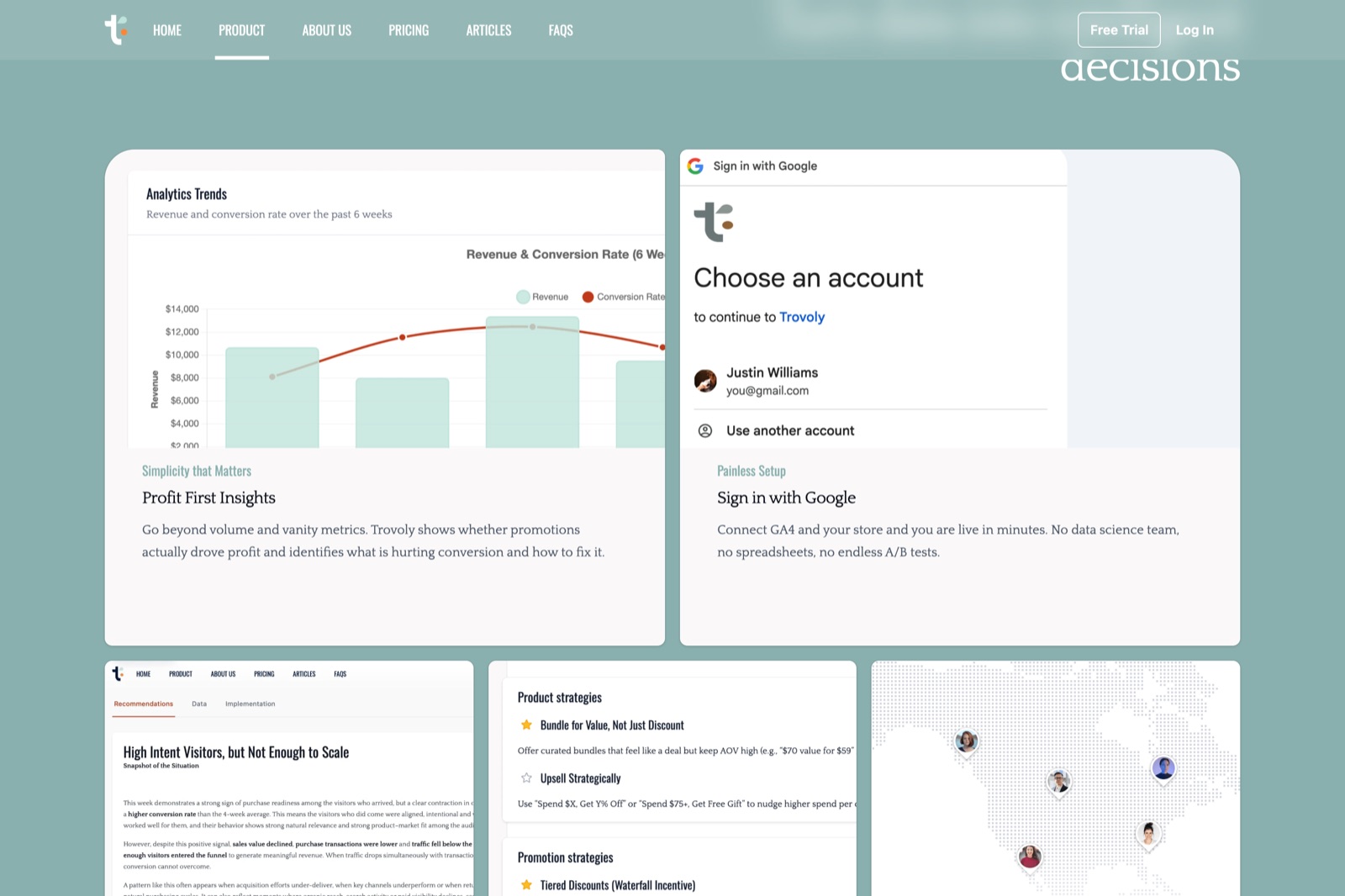 Trovoly product tour — analytics trends, Google sign-in, recommendations, and strategy cards